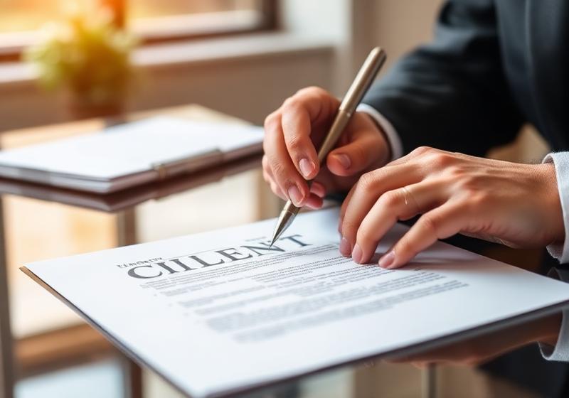Person signing a client agreement at a desk