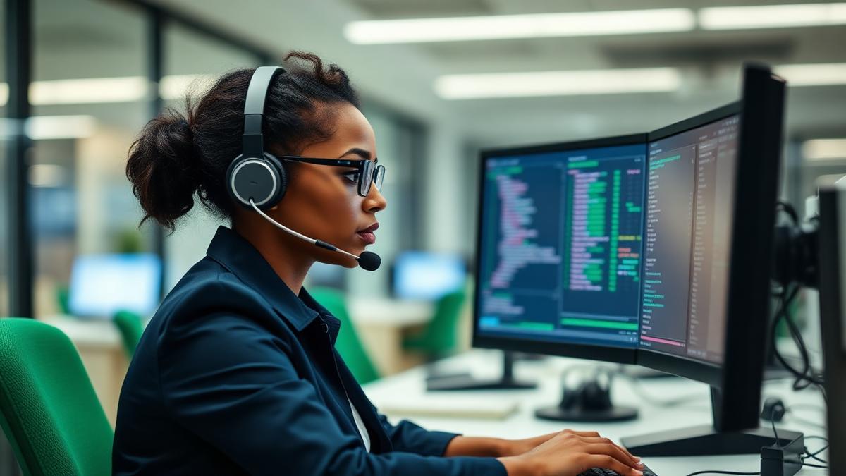Collections agent with headset reviewing debtor contact data on screen