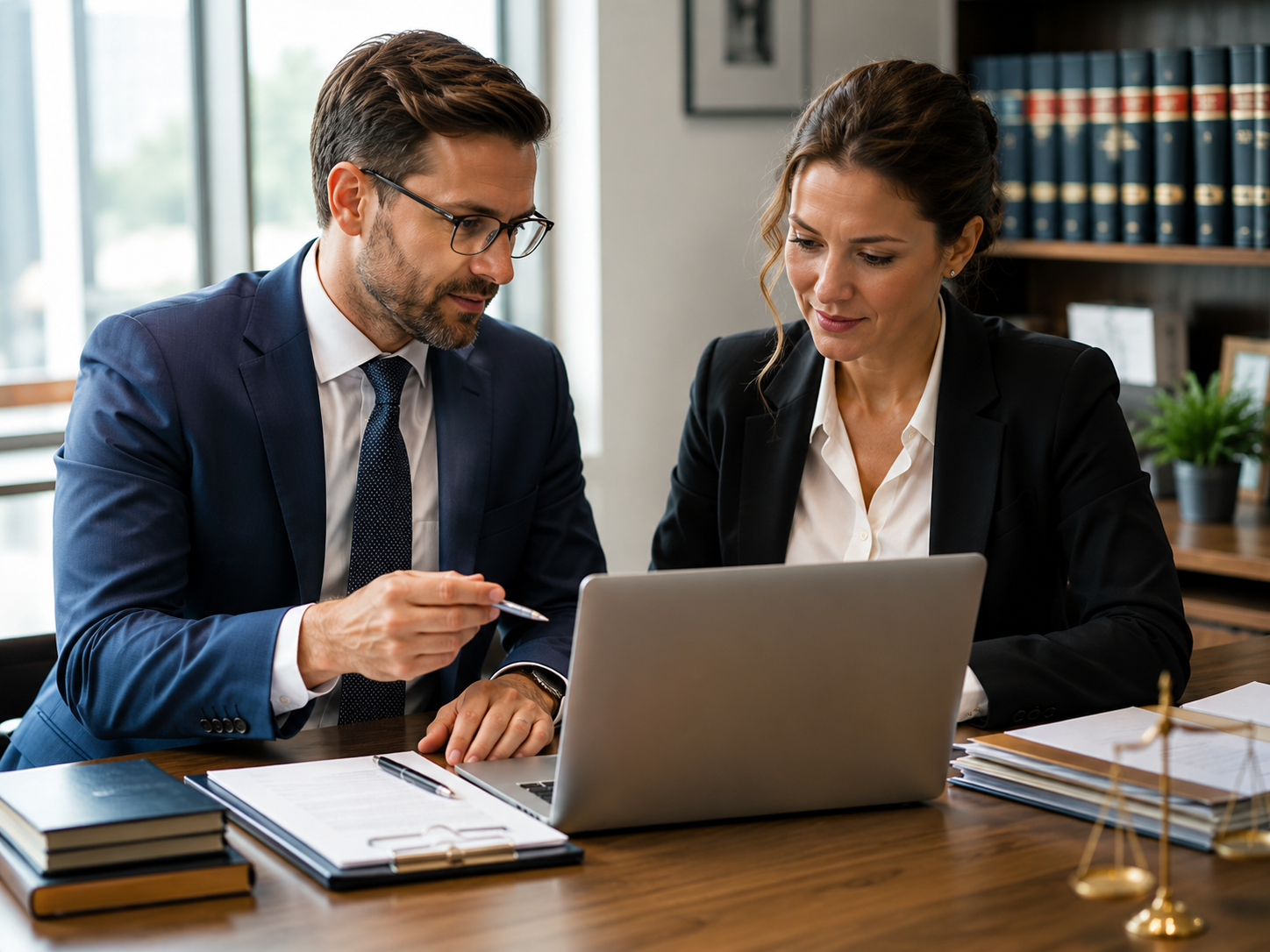 Two legal professionals reviewing recovery matters together on a laptop in a law office