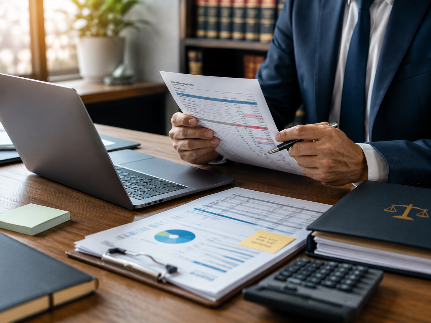 Legal professional reviewing financial documents and recovery records at a desk