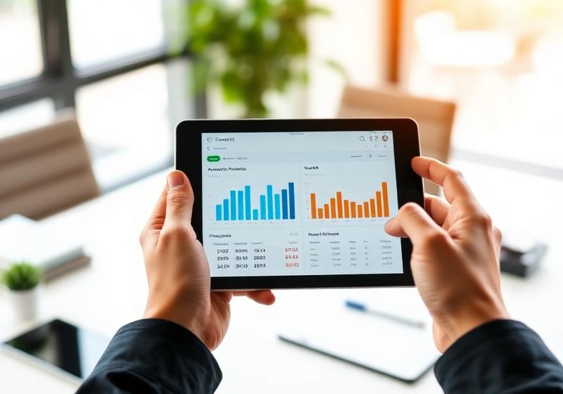 Hands holding a tablet showing account balances and charts