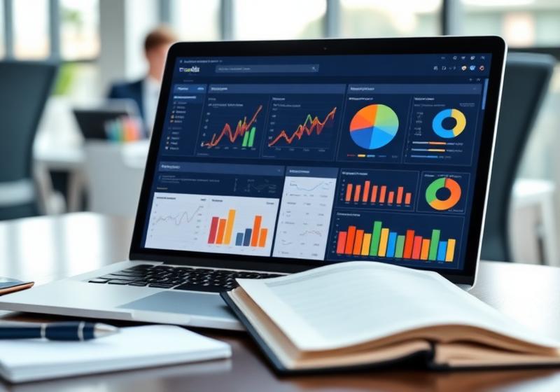 Professional reviewing the Debtcol Pro Reporting Overview dashboard on a desktop monitor